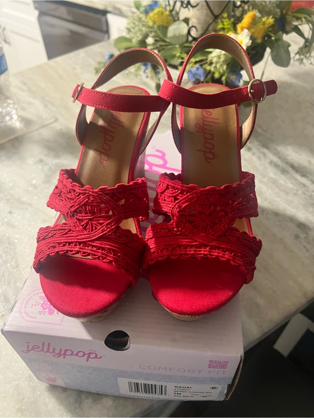 Jellypop Red Canvas Wedge Sandals with Ankle Strap